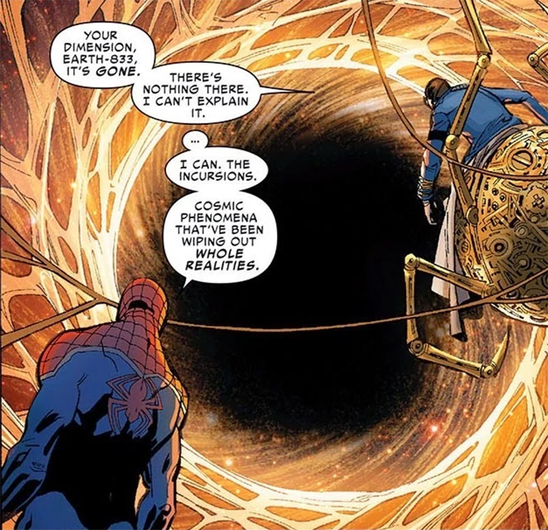 El Momento en el que Spider-UK descubre que su realidad ha desaparecido en una incursión.
